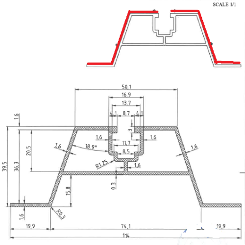 AR2 systems aluminium profile trapezoid type  113mm х 40mm